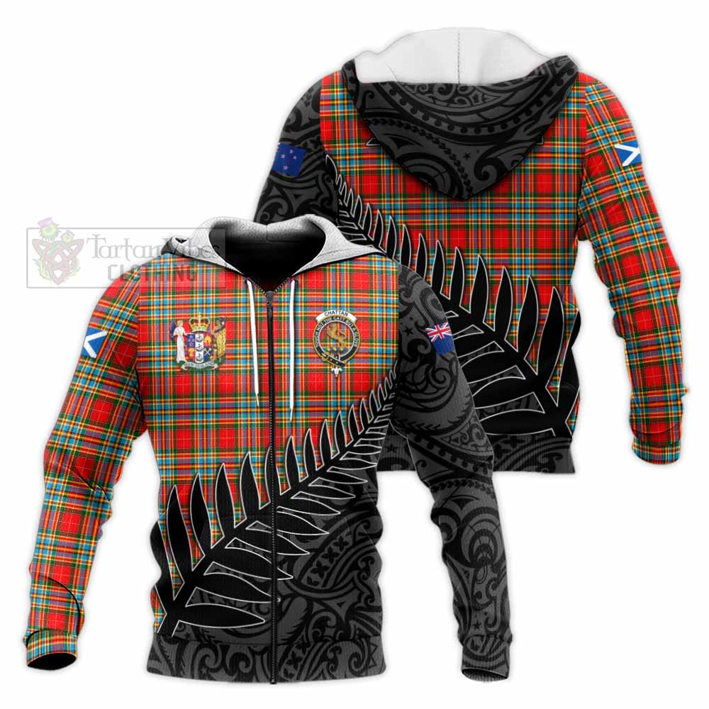 Tartan Vibes Clothing Chattan Crest Tartan Knitted Hoodie with New Zealand Silver Fern Half Style