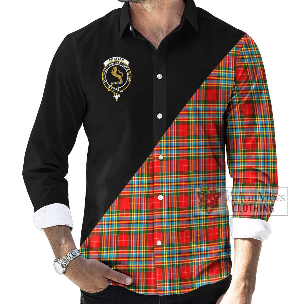 Chattan Tartan Long Sleeve Button Shirt with Family Crest and Military Logo Style - Tartanvibesclothing Shop