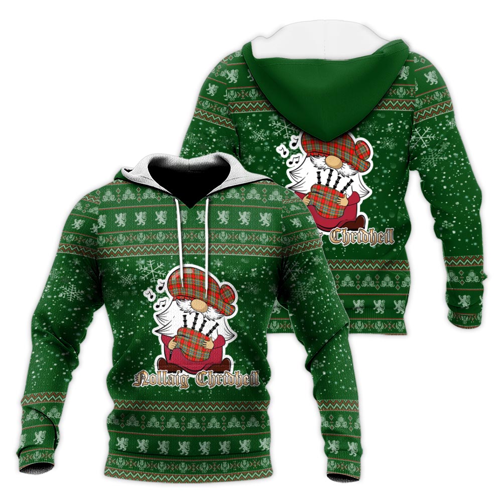 Chattan Clan Christmas Knitted Hoodie with Funny Gnome Playing Bagpipes Green - Tartanvibesclothing
