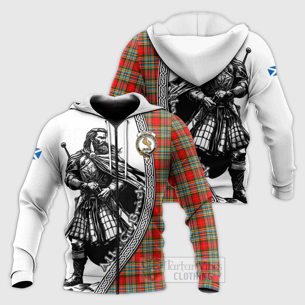 Tartan Vibes Clothing Chattan Tartan Clan Crest Knitted Hoodie with Highlander Warrior Celtic Style