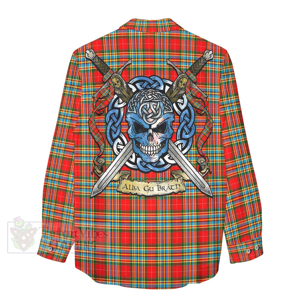 Tartan Vibes Clothing Chattan Tartan Women's Casual Shirt with Family Crest Celtic Skull Style