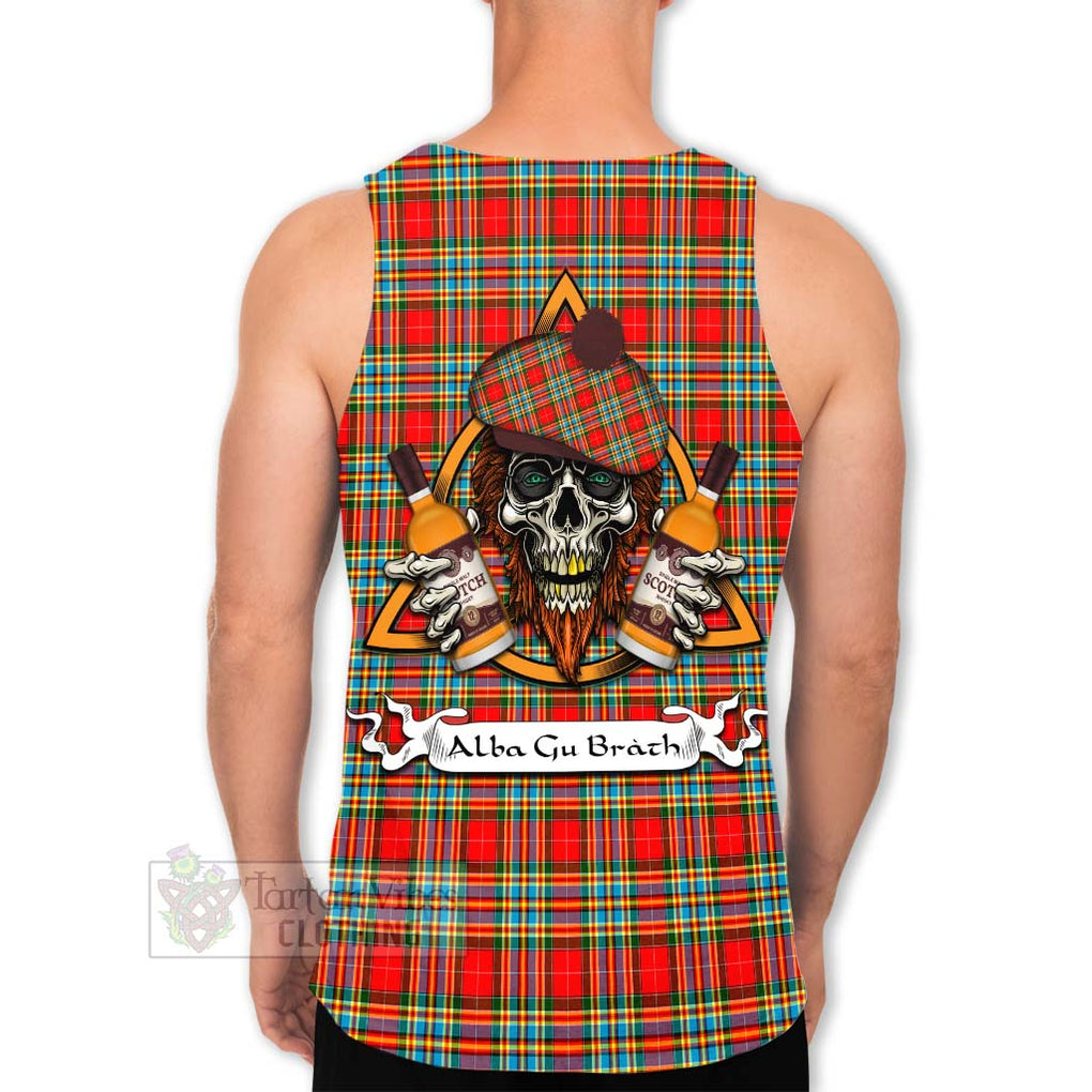 Tartan Vibes Clothing Chattan Tartan Men's Tank Top with Family Crest and Bearded Skull Holding Bottles of Whiskey