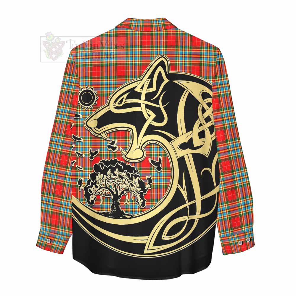 Tartan Vibes Clothing Chattan Tartan Women's Casual Shirt with Family Crest Celtic Wolf Style