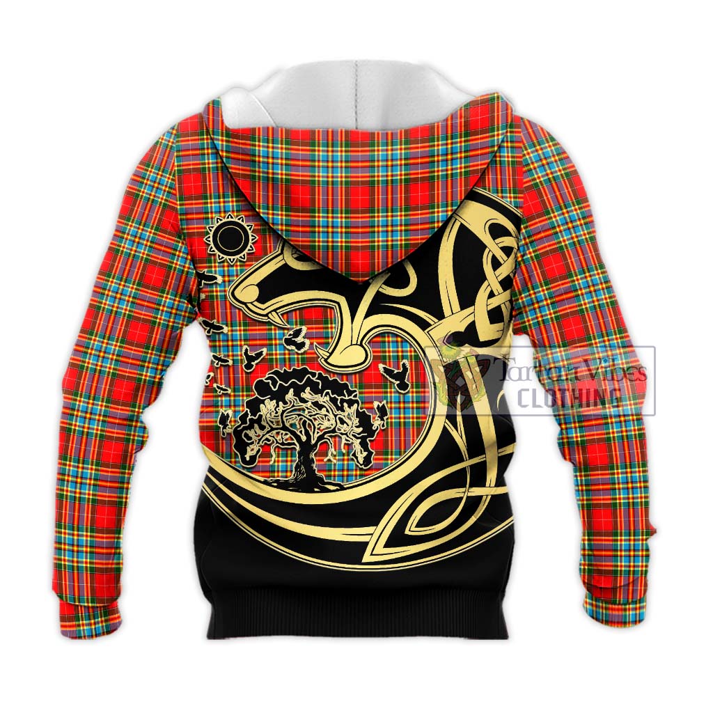 Tartan Vibes Clothing Chattan Tartan Knitted Hoodie with Family Crest Celtic Wolf Style
