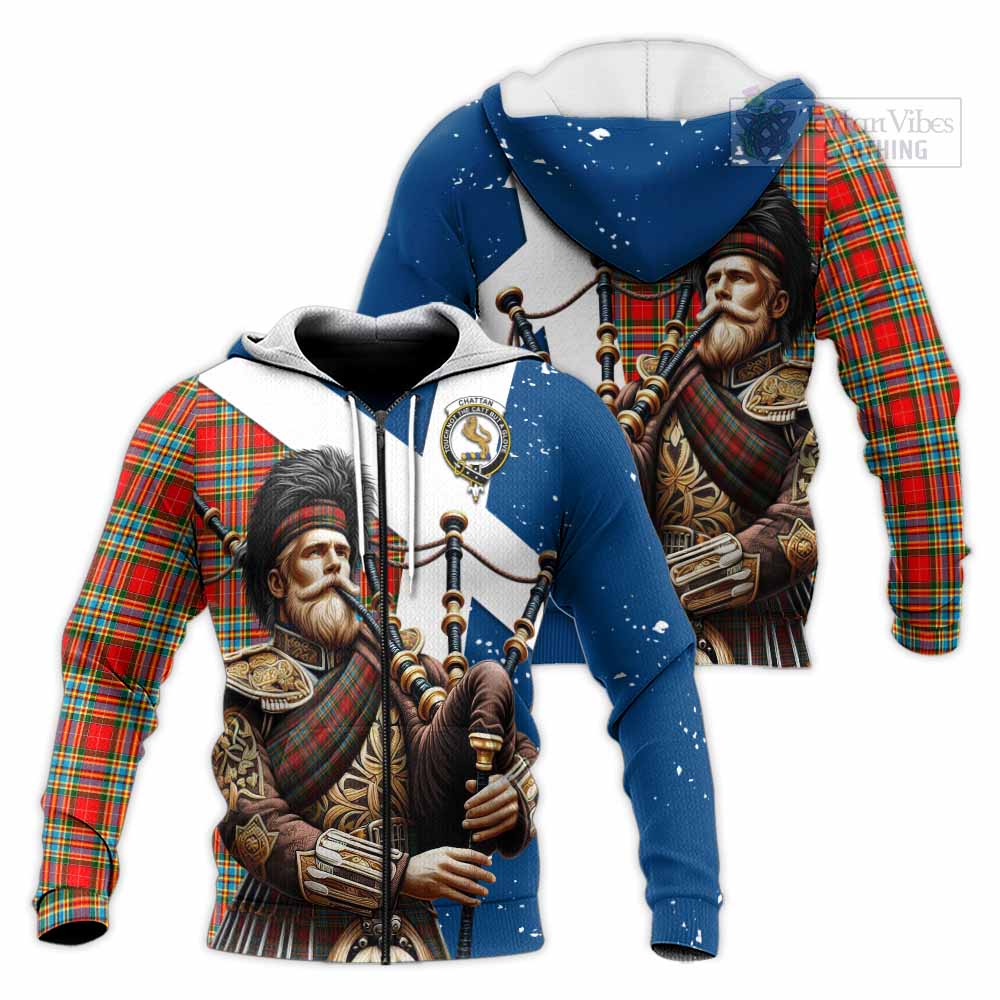 Tartan Vibes Clothing Chattan Tartan Knitted Hoodie with Family Crest Scottish Bagpiper Vibes