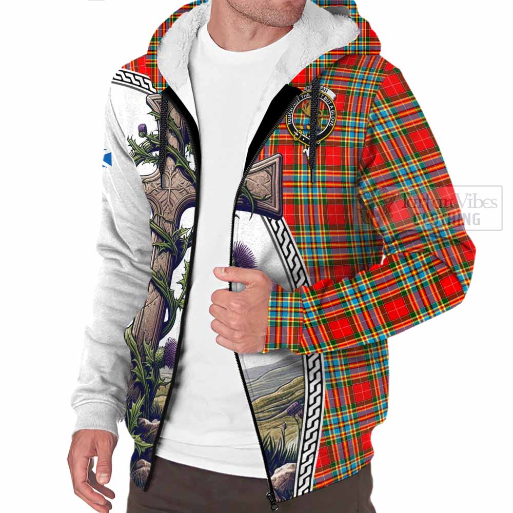 Tartan Vibes Clothing Chattan Tartan Sherpa Hoodie with Family Crest and St. Andrew's Cross Accented by Thistle Vines