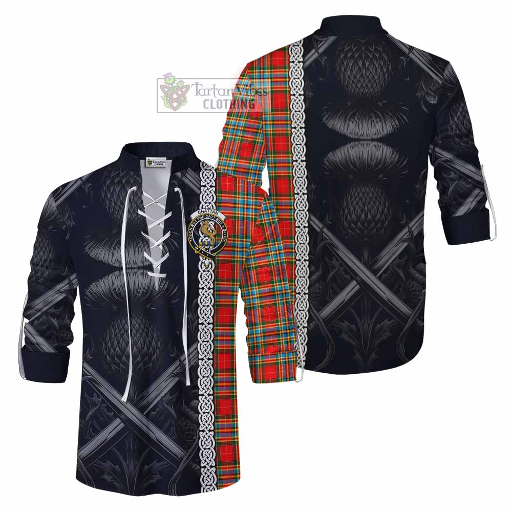 Tartan Vibes Clothing Chattan Tartan Ghillie Kilt Shirt with Family Crest Cross Sword Thistle Celtic Vibes