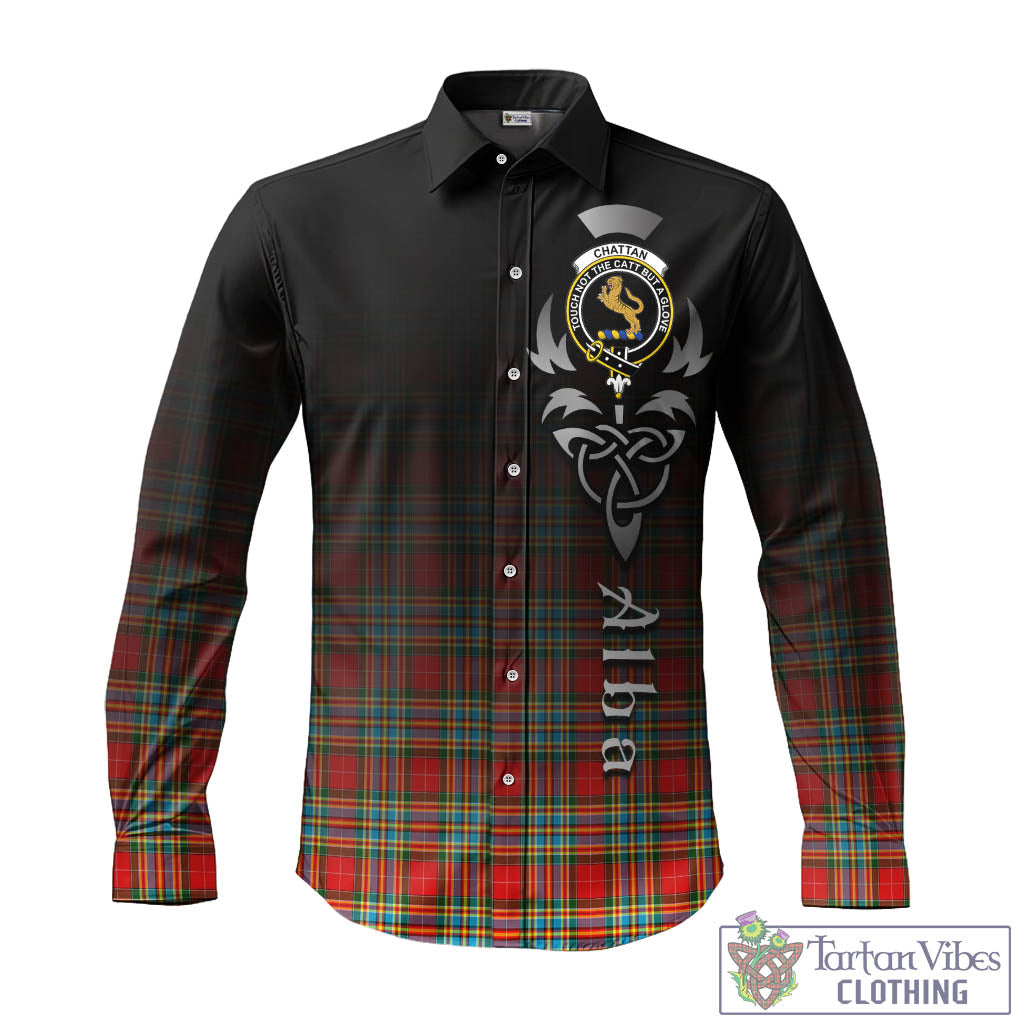 Tartan Vibes Clothing Chattan Tartan Long Sleeve Button Up Featuring Alba Gu Brath Family Crest Celtic Inspired