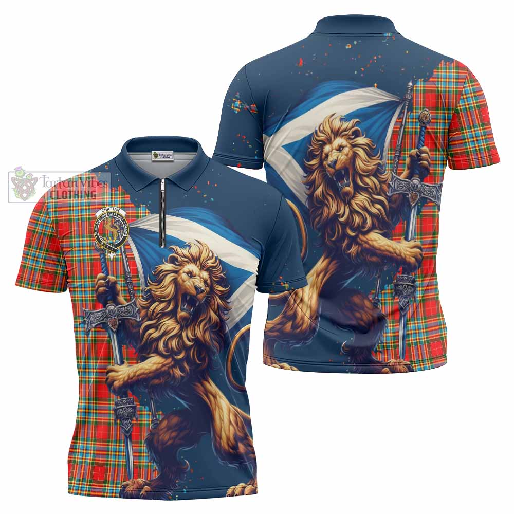 Tartan Vibes Clothing Chattan Tartan Family Crest Zipper Polo Shirt with Scottish Majestic Lion