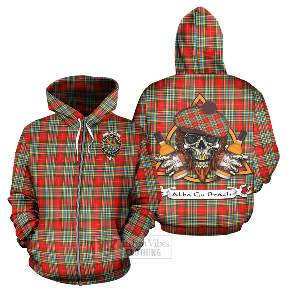 Tartan Vibes Clothing Chattan Tartan Hoodie with Family Crest and Bearded Skull Holding Bottles of Whiskey