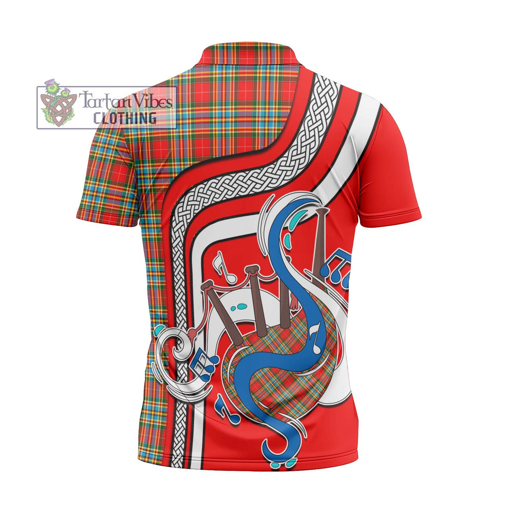 Chattan Tartan Zipper Polo Shirt with Epic Bagpipe Style - Tartanvibesclothing Shop