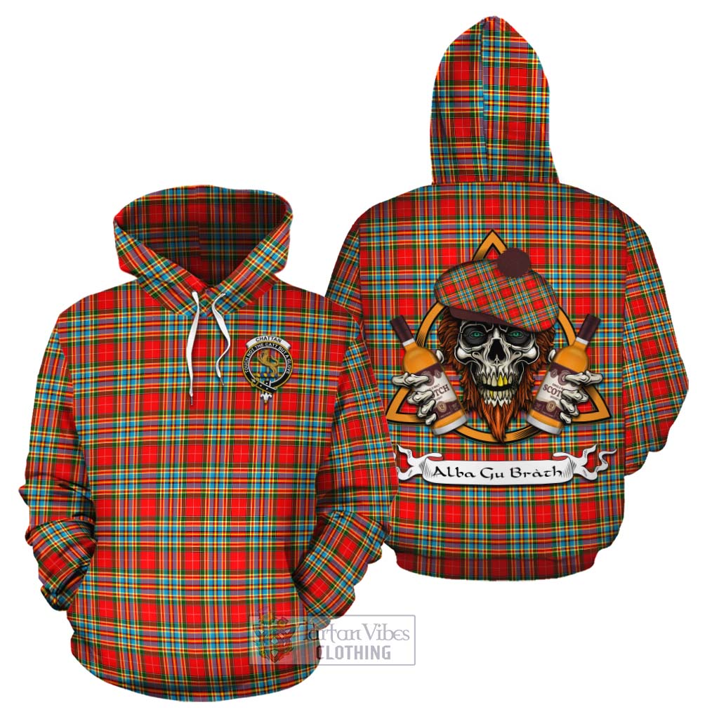 Tartan Vibes Clothing Chattan Tartan Cotton Hoodie with Family Crest and Bearded Skull Holding Bottles of Whiskey