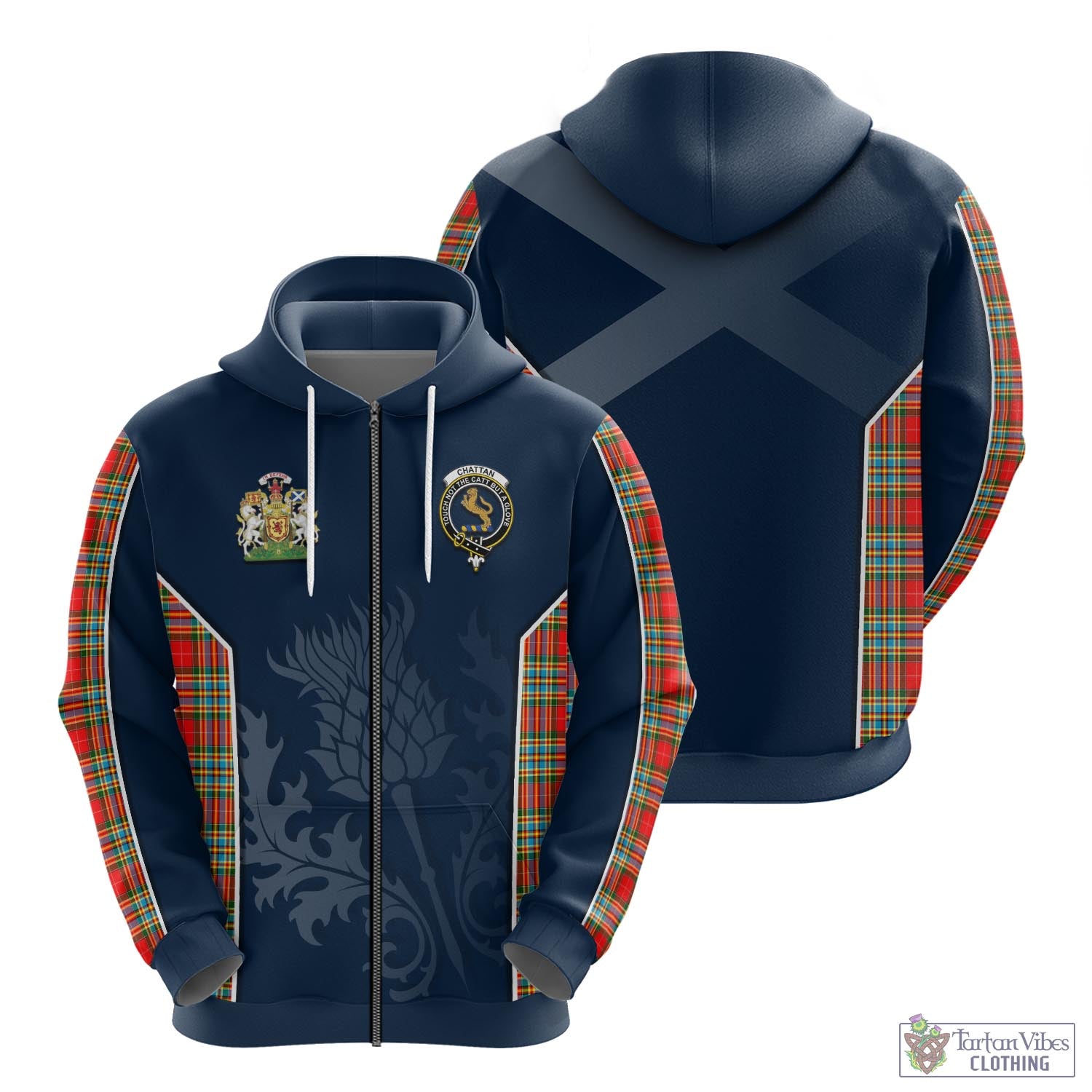 Tartan Vibes Clothing Chattan Tartan Hoodie with Family Crest and Scottish Thistle Vibes Sport Style