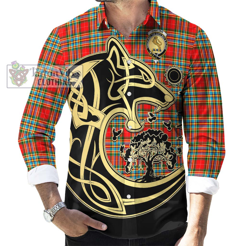 Chattan Tartan Long Sleeve Button Shirt with Family Crest Celtic Wolf Style - Tartan Vibes Clothing