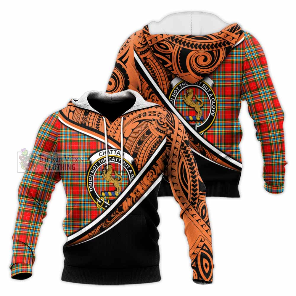 Tartan Vibes Clothing Chattan Crest Tartan Knitted Hoodie with Maori Tattoo Style - Orange Version