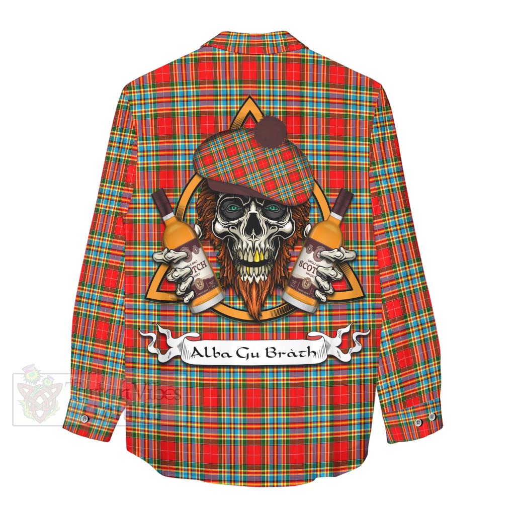 Tartan Vibes Clothing Chattan Tartan Women's Casual Shirt with Family Crest and Bearded Skull Holding Bottles of Whiskey