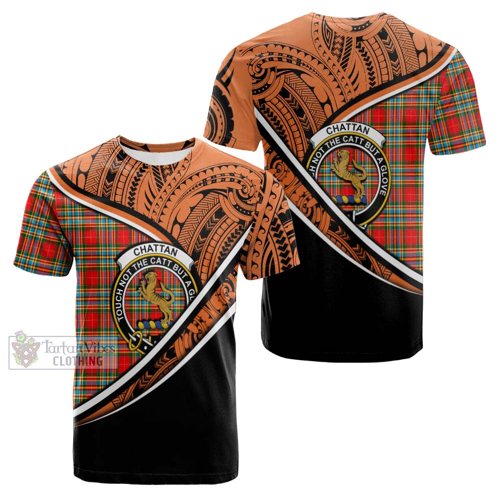 Tartan Vibes Clothing Chattan Crest Tartan Cotton T-shirt with Maori Tattoo Style - Orange Version