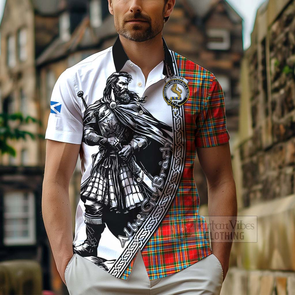 Tartan Vibes Clothing Chattan Tartan Clan Crest Short Sleeve Button Shirt with Highlander Warrior Celtic Style