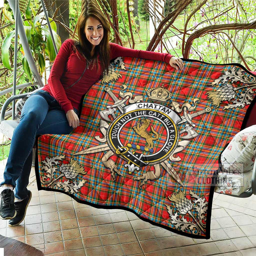 Tartan Vibes Clothing Chattan Tartan Quilt with Family Crest and Scottish Golden Courage Shield