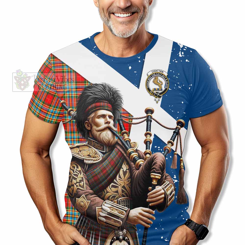 Tartan Vibes Clothing Chattan Tartan T-Shirt with Family Crest Scottish Bagpiper Vibes