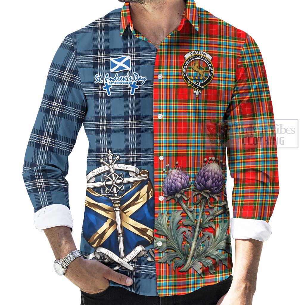 Tartan Vibes Clothing Chattan Tartan Long Sleeve Button Shirt Happy St. Andrew's Day Half Tartan Style