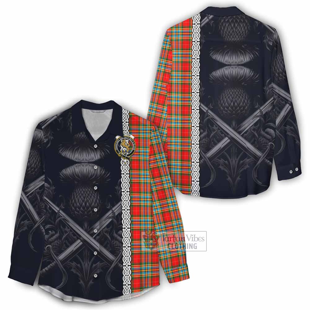 Tartan Vibes Clothing Chattan Tartan Women's Casual Shirt with Family Crest Cross Sword Thistle Celtic Vibes