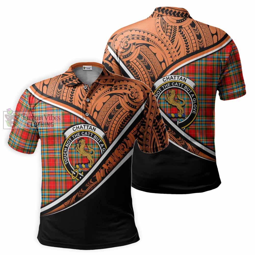 Tartan Vibes Clothing Chattan Crest Tartan Polo Shirt with Maori Tattoo Style - Orange Version