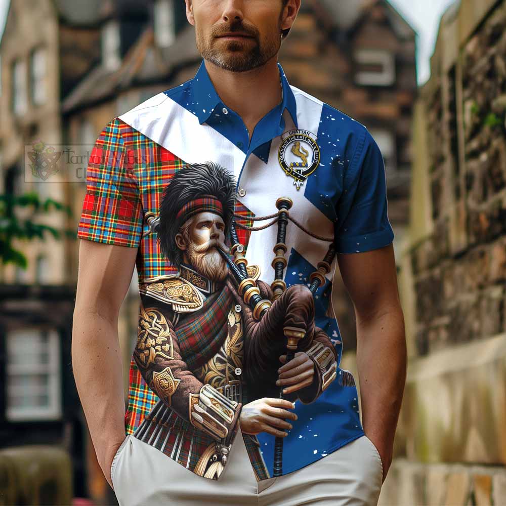 Tartan Vibes Clothing Chattan Tartan Short Sleeve Button Shirt with Family Crest Scottish Bagpiper Vibes