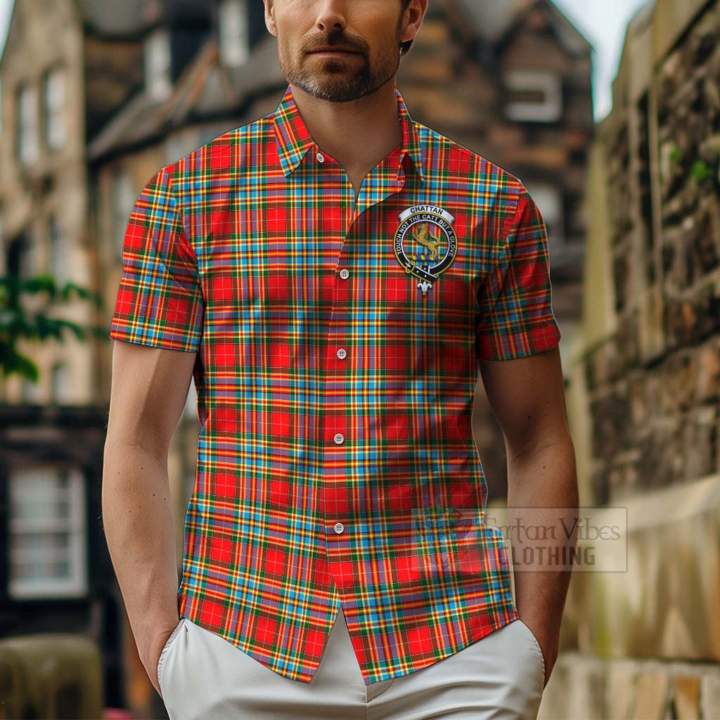 Tartan Vibes Clothing Chattan Tartan Short Sleeve Button Shirt with Family Crest and Bearded Skull Holding Bottles of Whiskey