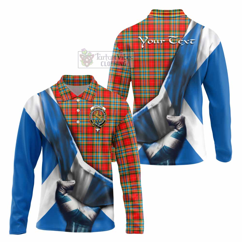 Tartan Vibes Clothing Chattan Tartan Long Sleeve Polo Shirt with Family Crest Scotland Patriotic Style