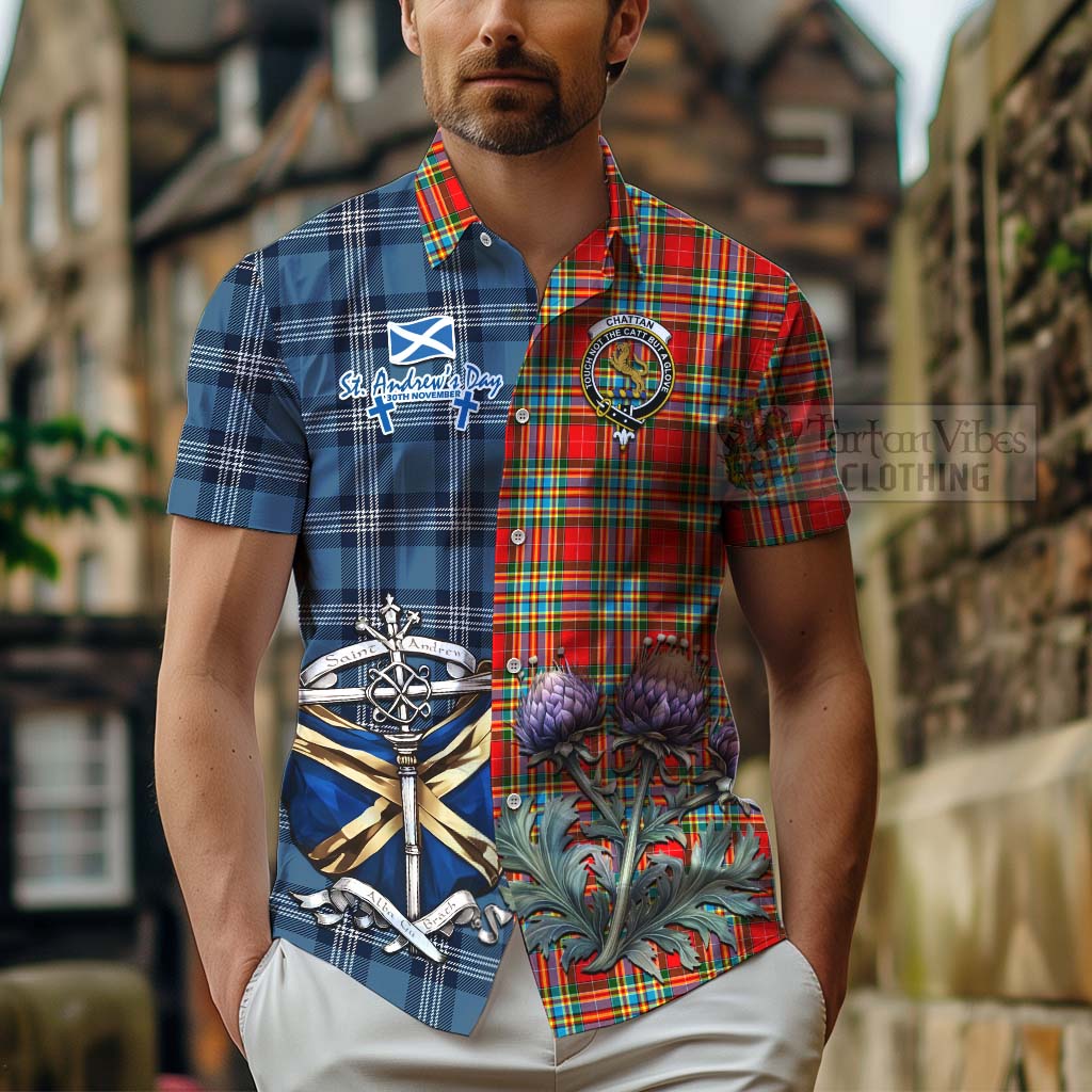 Tartan Vibes Clothing Chattan Tartan Short Sleeve Button Shirt Happy St. Andrew's Day Half Tartan Style