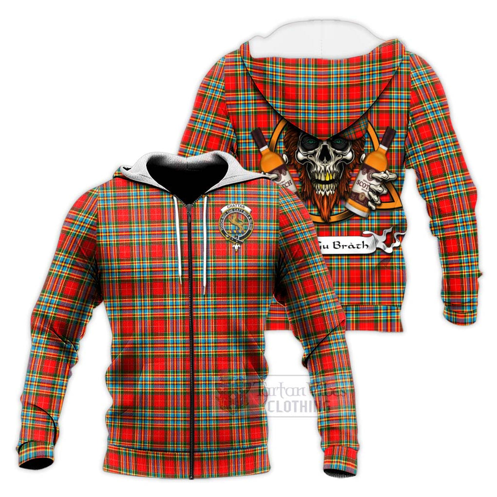 Tartan Vibes Clothing Chattan Tartan Knitted Hoodie with Family Crest and Bearded Skull Holding Bottles of Whiskey