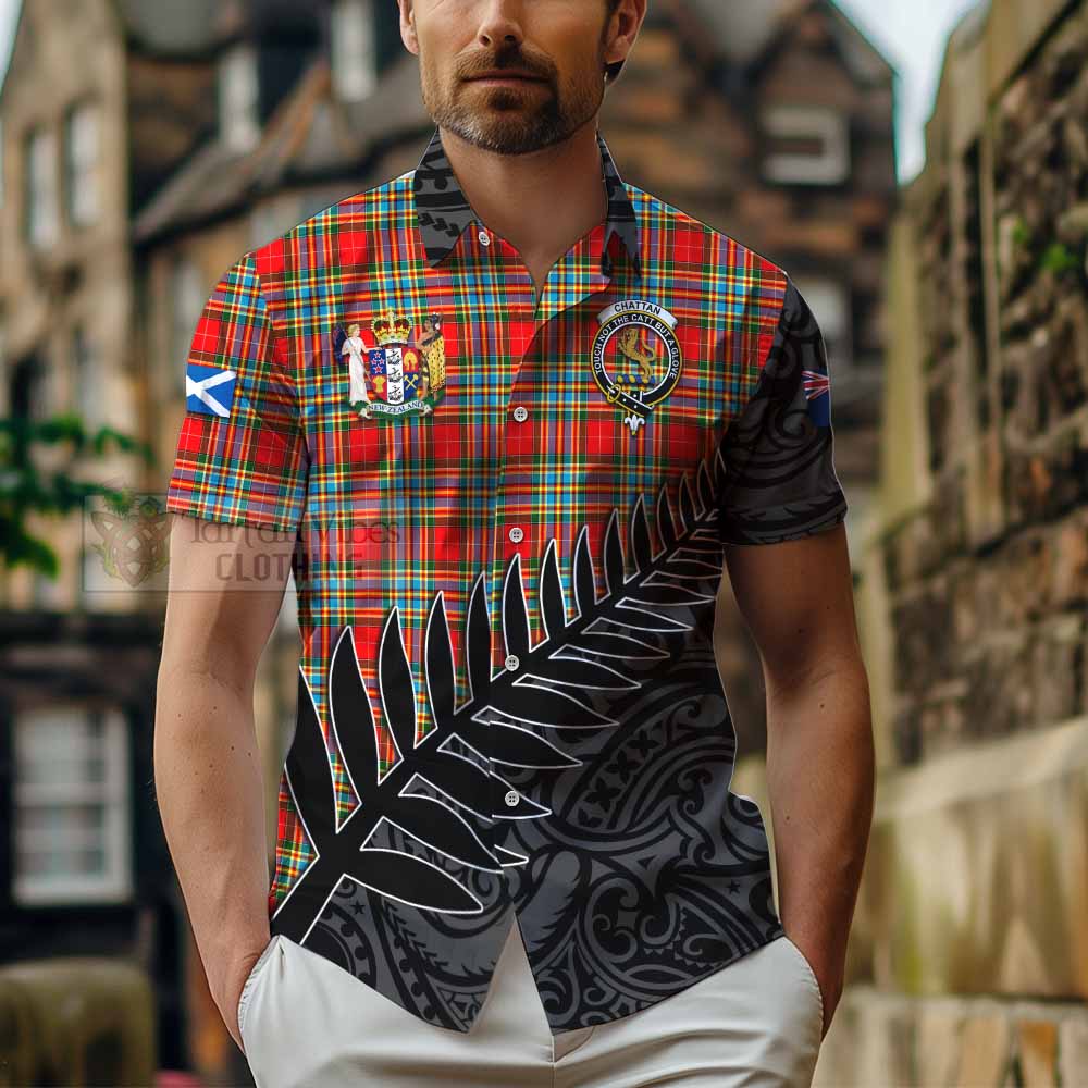 Tartan Vibes Clothing Chattan Crest Tartan Short Sleeve Button Shirt with New Zealand Silver Fern Half Style