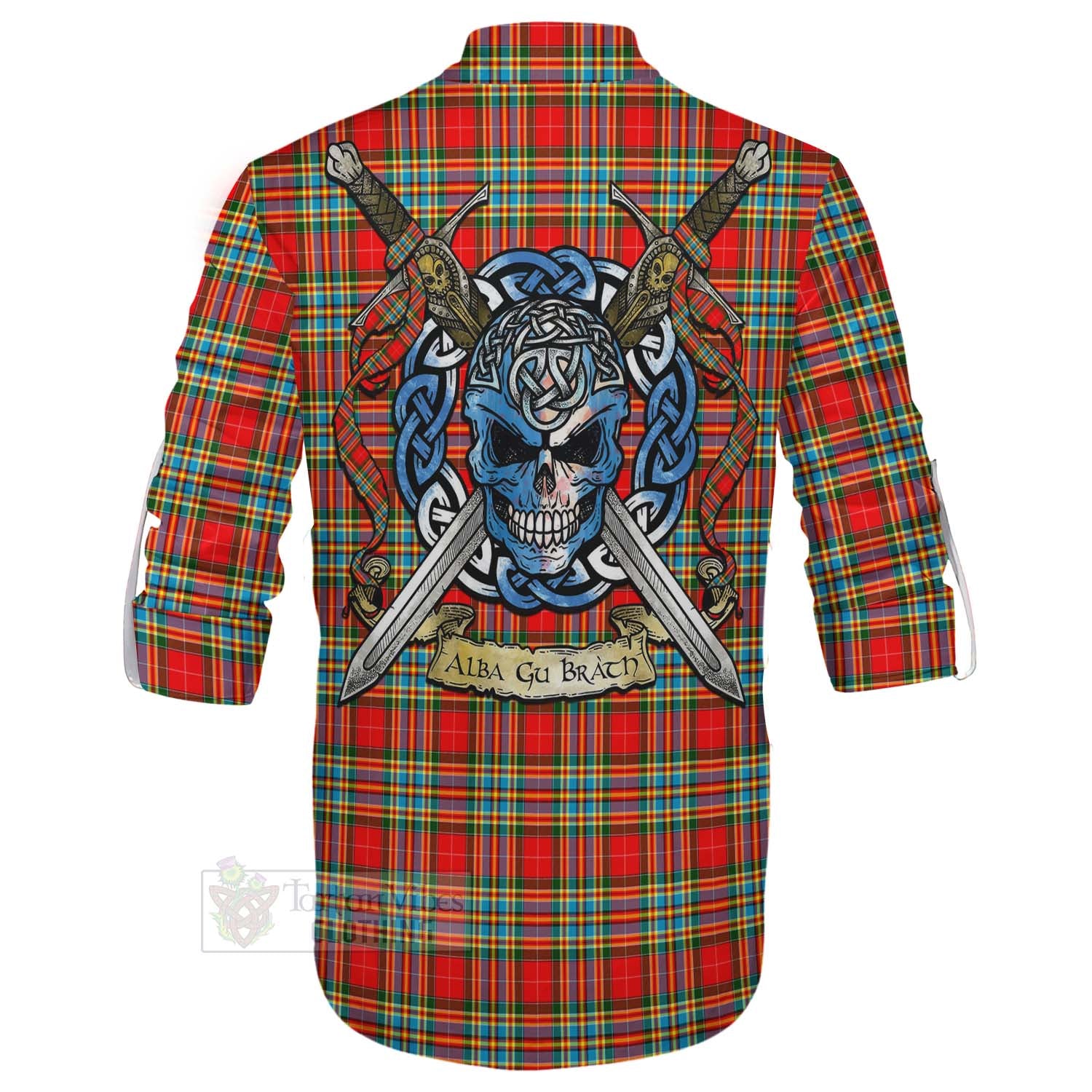 Tartan Vibes Clothing Chattan Tartan Ghillie Kilt Shirt with Family Crest Celtic Skull Style