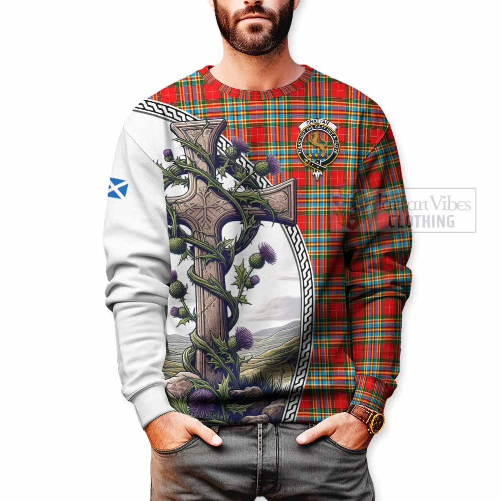 Tartan Vibes Clothing Chattan Tartan Sweatshirt with Family Crest and St. Andrew's Cross Accented by Thistle Vines