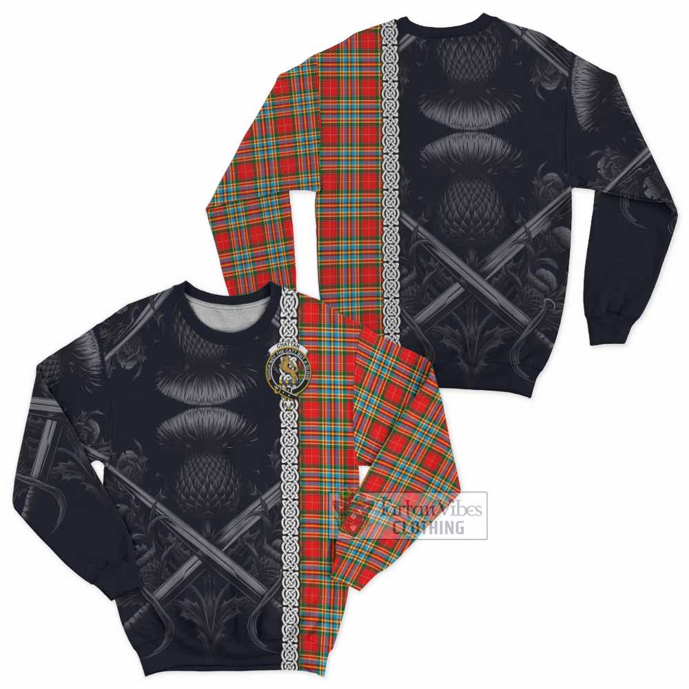 Tartan Vibes Clothing Chattan Tartan Sweatshirt with Family Crest Cross Sword Thistle Celtic Vibes