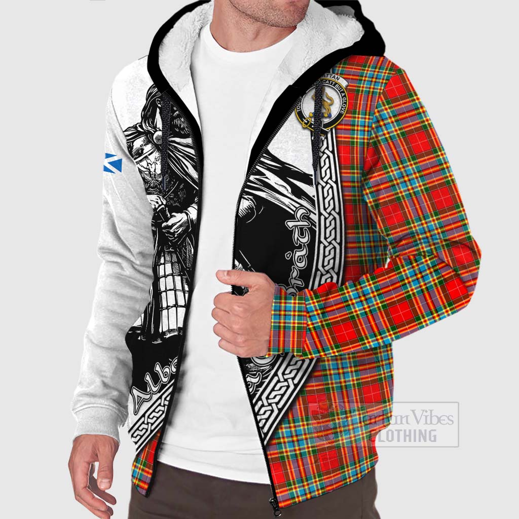 Tartan Vibes Clothing Chattan Tartan Clan Crest Sherpa Hoodie with Highlander Warrior Celtic Style