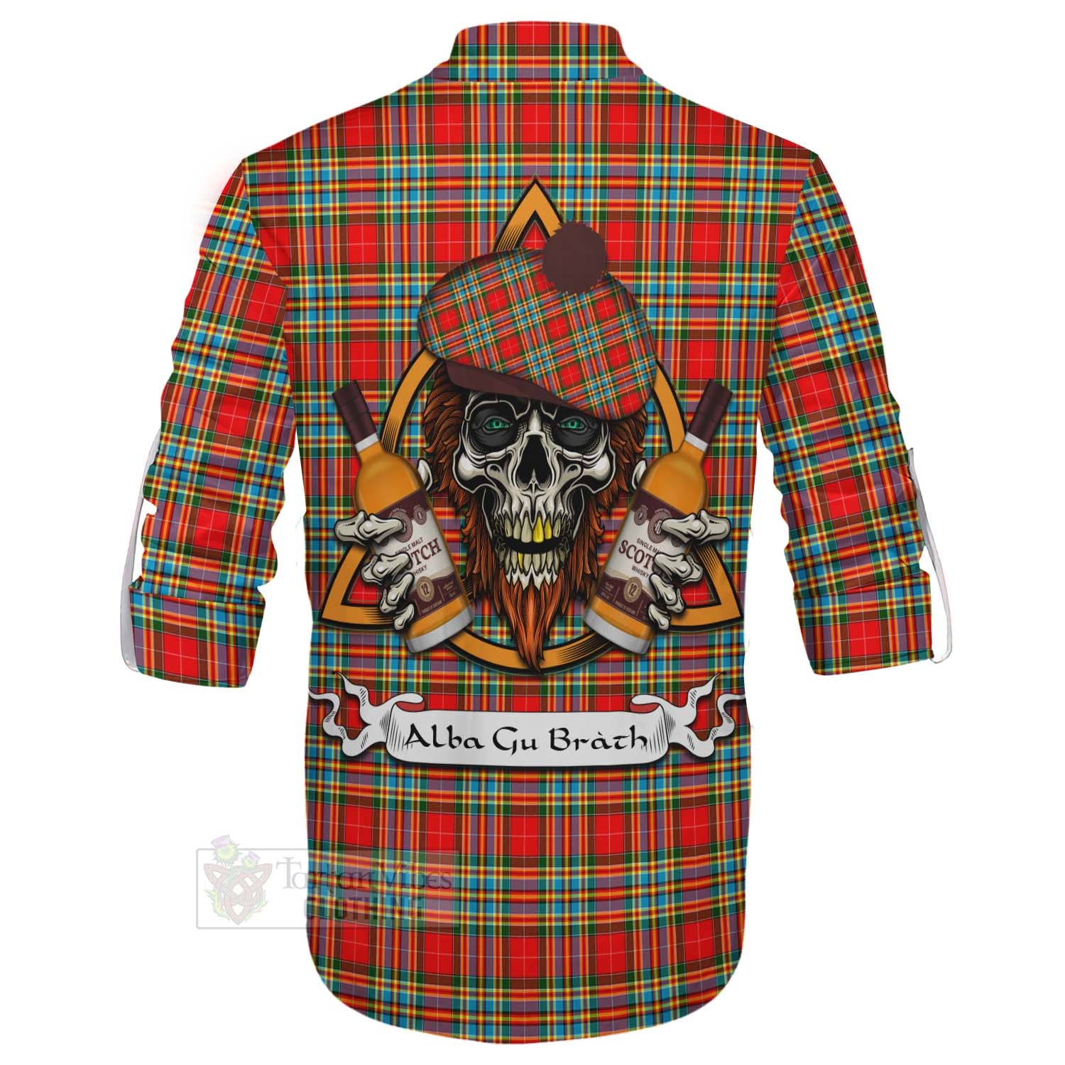 Tartan Vibes Clothing Chattan Tartan Ghillie Kilt Shirt with Family Crest and Bearded Skull Holding Bottles of Whiskey