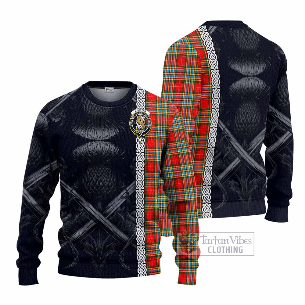 Tartan Vibes Clothing Chattan Tartan Knitted Sweater with Family Crest Cross Sword Thistle Celtic Vibes