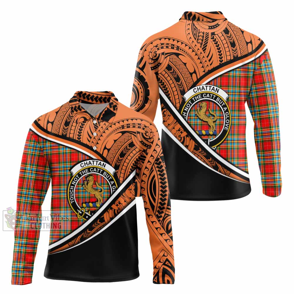 Tartan Vibes Clothing Chattan Crest Tartan Long Sleeve Polo Shirt with Maori Tattoo Style - Orange Version