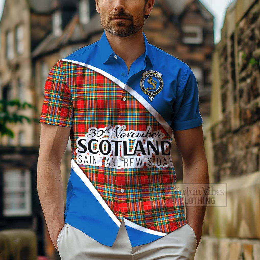 Tartan Vibes Clothing Chattan Family Crest Tartan Short Sleeve Button Shirt Celebrate Saint Andrew's Day in Style