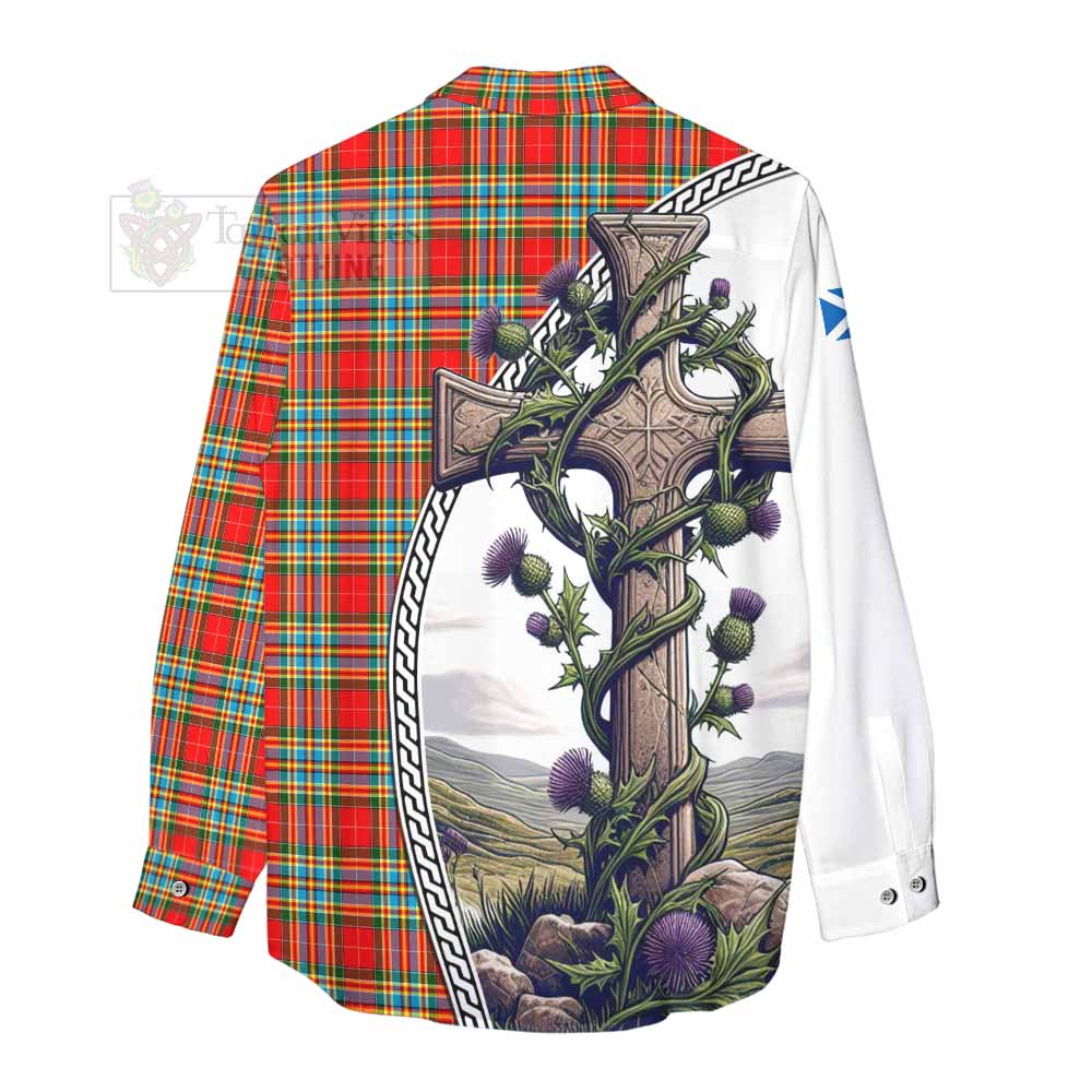 Tartan Vibes Clothing Chattan Tartan Women's Casual Shirt with Family Crest and St. Andrew's Cross Accented by Thistle Vines