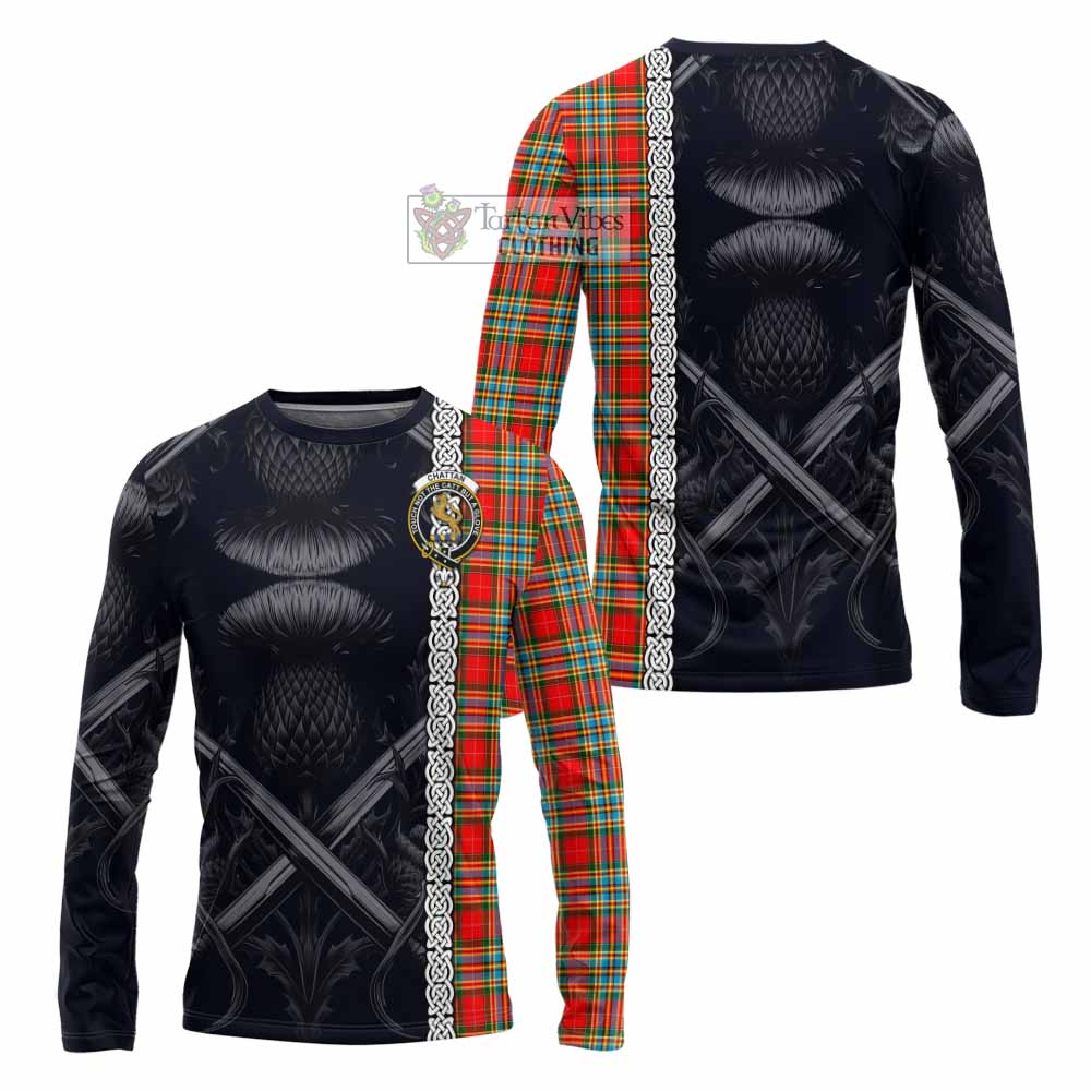 Tartan Vibes Clothing Chattan Tartan Long Sleeve T-Shirt with Family Crest Cross Sword Thistle Celtic Vibes