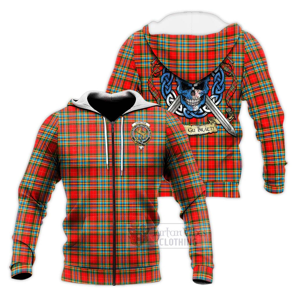 Tartan Vibes Clothing Chattan Tartan Knitted Hoodie with Family Crest Celtic Skull Style