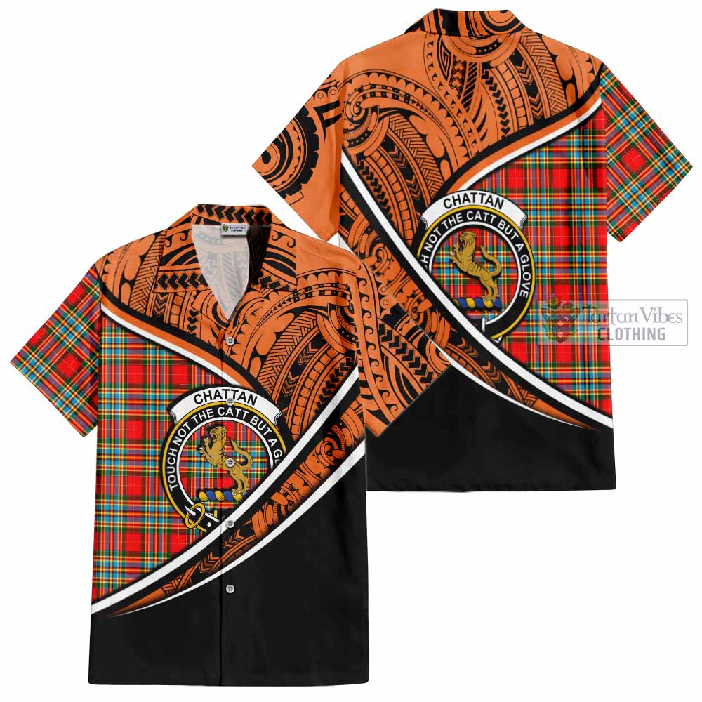 Tartan Vibes Clothing Chattan Crest Tartan Short Sleeve Button Shirt with Maori Tattoo Style - Orange Version