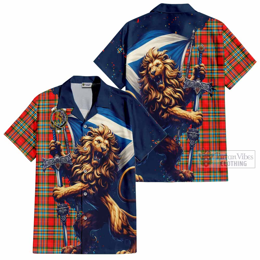 Tartan Vibes Clothing Chattan Tartan Family Crest Short Sleeve Button Shirt with Scottish Majestic Lion