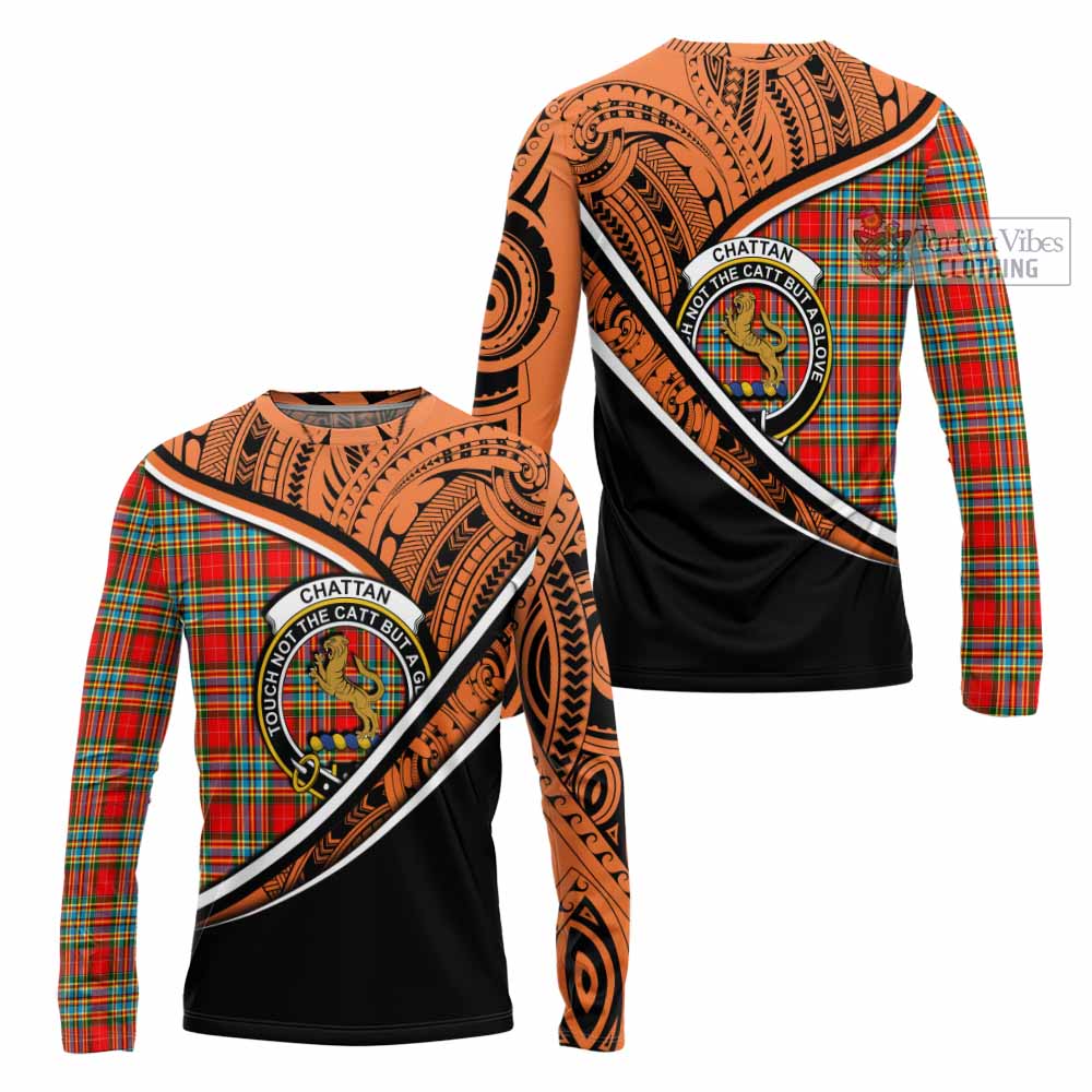 Tartan Vibes Clothing Chattan Crest Tartan Long Sleeve T-Shirt with Maori Tattoo Style - Orange Version