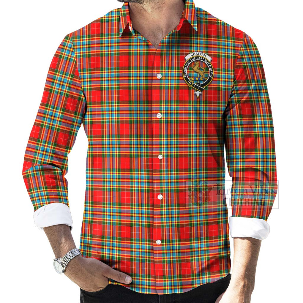 Tartan Vibes Clothing Chattan Tartan Long Sleeve Button Shirt with Family Crest and Bearded Skull Holding Bottles of Whiskey