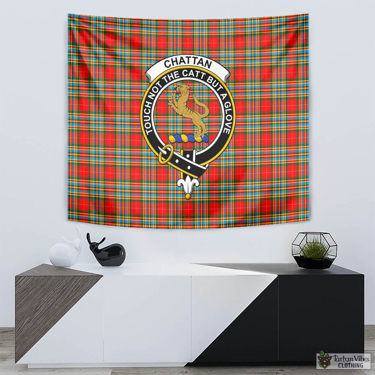 Tartan Vibes Clothing Chattan Tartan Tapestry Wall Hanging and Home Decor for Room with Family Crest