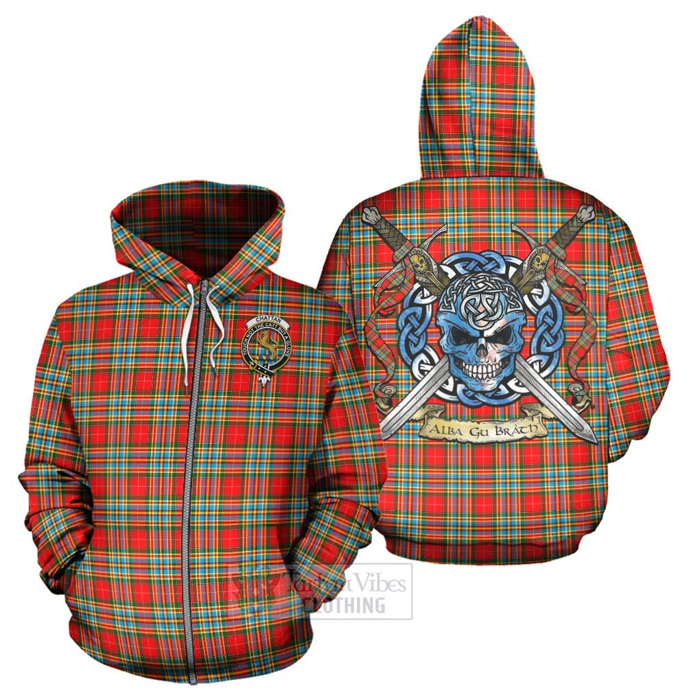 Tartan Vibes Clothing Chattan Tartan Hoodie with Family Crest Celtic Skull Style